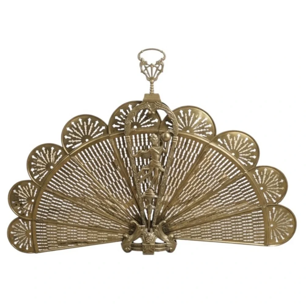 Vintage Art Deco Brass Peacock Fan Fireplace Screen Figural Filigree Goddess